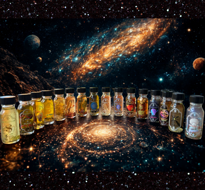 The Magick Lab’s full line of handmade conjure oils on Etsy, crafted in small batches and charged with astrological timing. Includes oils for love, money, protection, road opening, uncrossing, evil eye, High John, Venus, third eye, moon magic, and more. Each bottle contains botanicals, crystals, or curios chosen for spiritual power—used in rituals, spellwork, anointing, and intention setting across magical traditions.